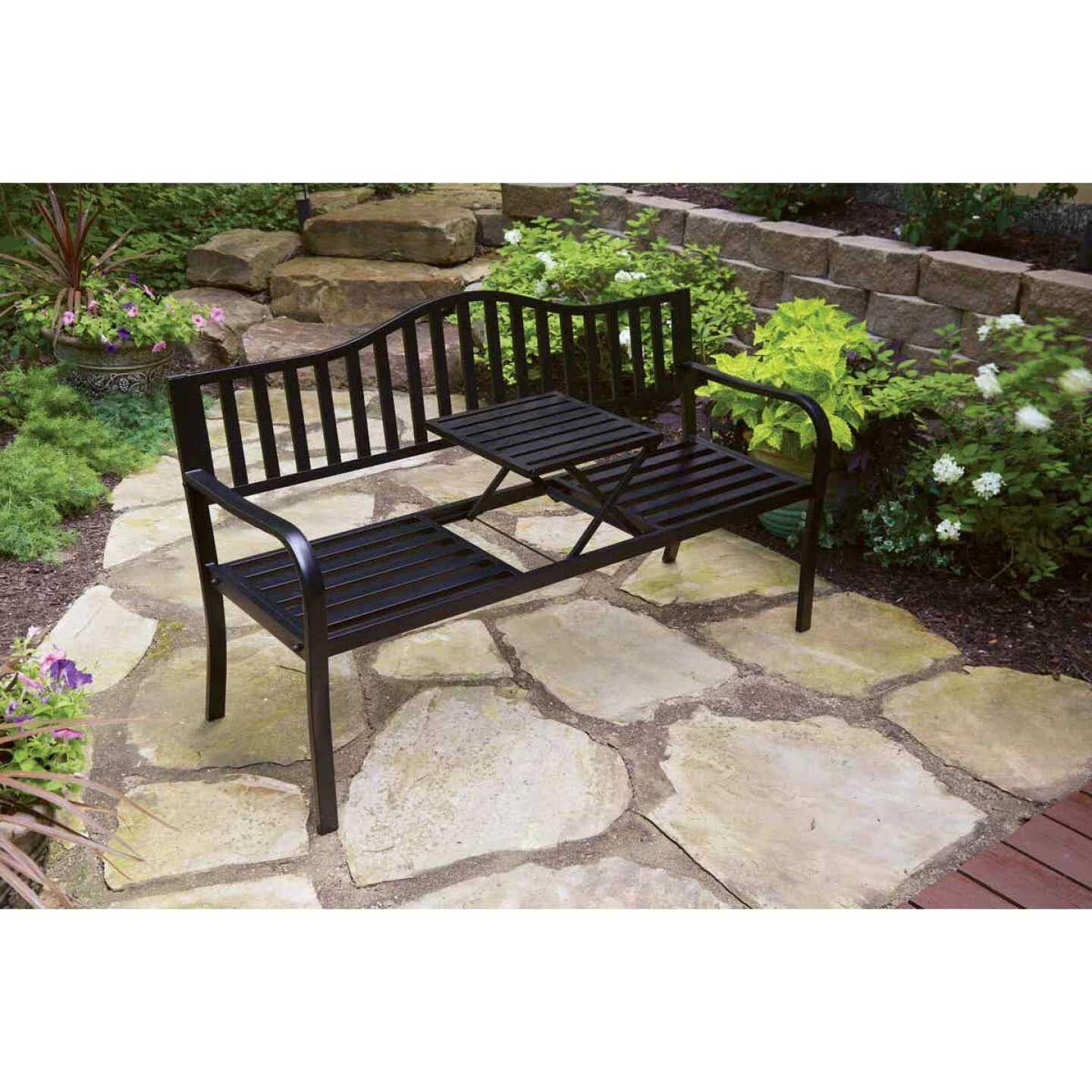 Flash Sale ⭐ Outdoor Expressions 59 In. L. Antique Bronze Finished Steel Park Bench With Pop-up Center Table 😍 3 Flash Sale ⭐ Outdoor Expressions 59 In. L. Antique Bronze Finished Steel Park Bench With Pop-up Center Table 😍 - Image 3